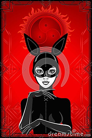 Animation portrait of the woman in a latex suit and mask rabbit. Vector Illustration