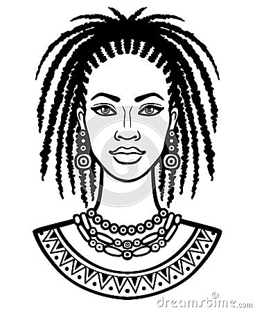 Animation portrait of the young African woman. Vector Illustration