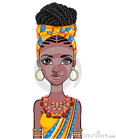 Animation portrait of a young African woman in a orange turban and ethnic jewelry. Vector Illustration