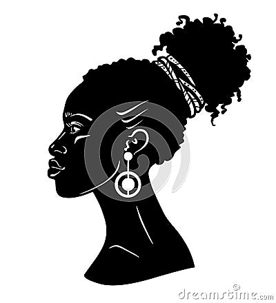 Animation portrait of the young African woman. Profile view. Vector Illustration