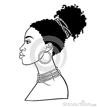 Animation portrait of the young African woman. Profile view. Vector Illustration