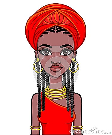 Animation portrait of a young African woman in a red turban Vector Illustration