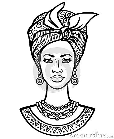 Animation portrait of the young African woman in a turban. Vector Illustration