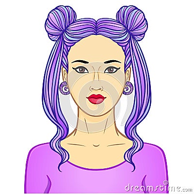 Animation portrait of a young Asian woman with blue hair. Vector Illustration