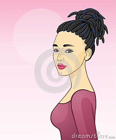 Animation portrait of a young Asian woman with dreadlocks. Vector Illustration