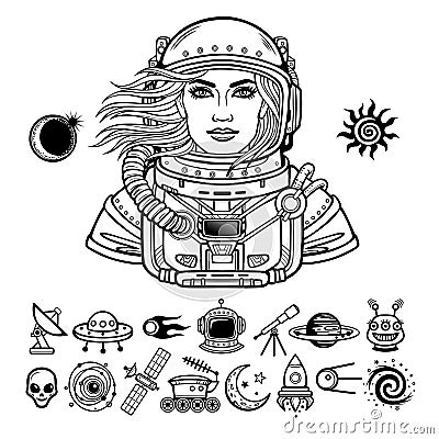 Animation portrait of the young attractive woman astronaut in a Open space suit. Set of icons. Vector Illustration