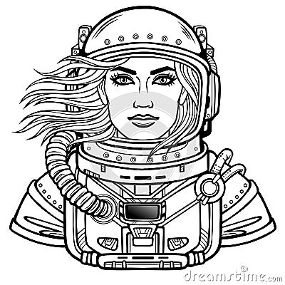 Animation portrait of the young attractive woman astronaut in a space suit. Helmet is open, hair flutter. Vector Illustration