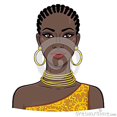 Animation portrait of the young beautiful African woman. Vector Illustration