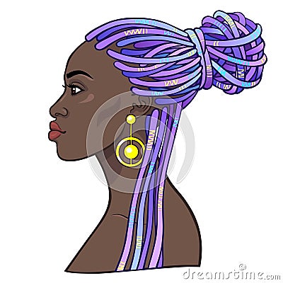 Animation portrait of the young beautiful African woman in a dreadlocks. Vector Illustration