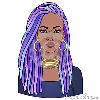 Animation portrait of the young beautiful African woman in a dreadlocks. Vector Illustration
