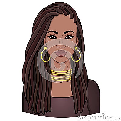 Animation portrait of the young beautiful African woman in a dreadlocks. Vector Illustration