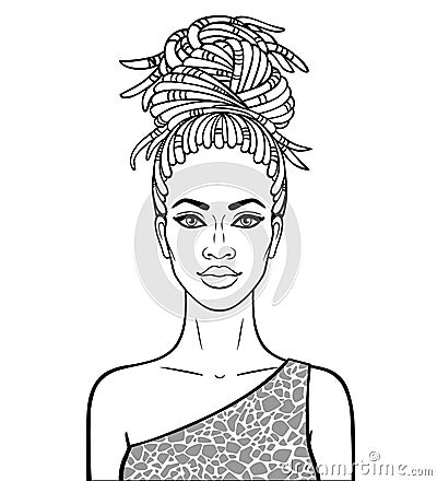 Animation portrait of the young beautiful African woman in a dreadlocks. Vector Illustration