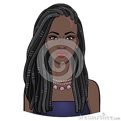 Animation portrait of the young beautiful African woman in a dreadlocks. Vector Illustration