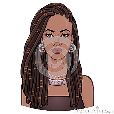 Animation portrait of the young beautiful African woman in a dreadlocks. Vector Illustration