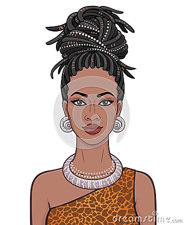 Animation portrait of the young beautiful African woman in a dreadlocks. Vector Illustration