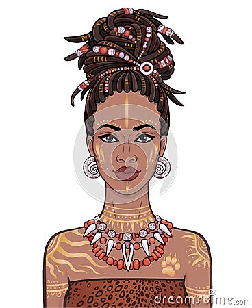 Animation portrait of the young beautiful African woman in a dreadlocks. Vector Illustration