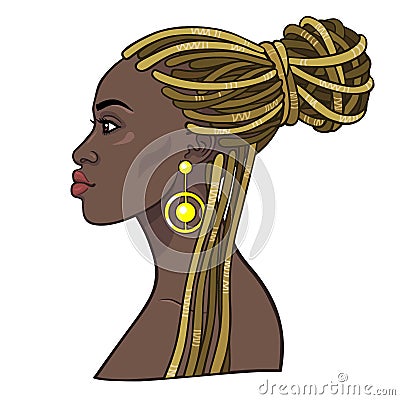 Animation portrait of the young beautiful African woman in a dreadlocks. Vector Illustration