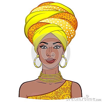 Animation portrait of the young beautiful African woman in a turban. Vector Illustration