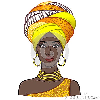 Animation portrait of the young beautiful African woman in a turban. Vector Illustration