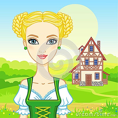 Animation portrait young beautiful girl in an ancient Bavarian dress. Vector Illustration