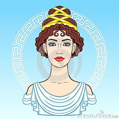 Animation portrait of the young beautiful Greek woman in ancient clothes. Decorative circle. Vector Illustration