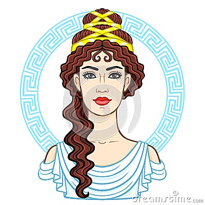 Animation portrait of the young beautiful Greek woman in ancient clothes. Decorative circle. Vector Illustration