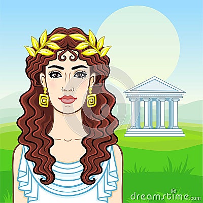 Animation portrait of the young beautiful Greek woman in ancient clothes in a laurel wreath. Vector Illustration
