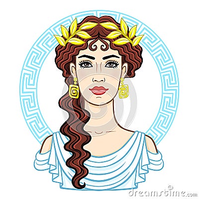 Animation portrait of the young beautiful Greek woman in ancient clothes in a laurel wreath. Vector Illustration