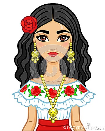 Animation portrait of the young beautiful Mexican girl in ancient clothes. Vector Illustration