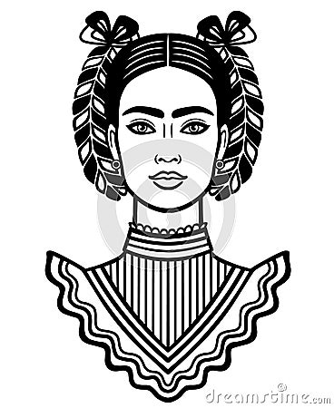 Animation portrait of the young beautiful mexican woman with a traditional hairstyle. Vector Illustration