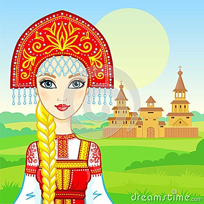 Animation portrait of the young beautiful Russian girl in ancient national clothes. Fairy tale character. Vector Illustration