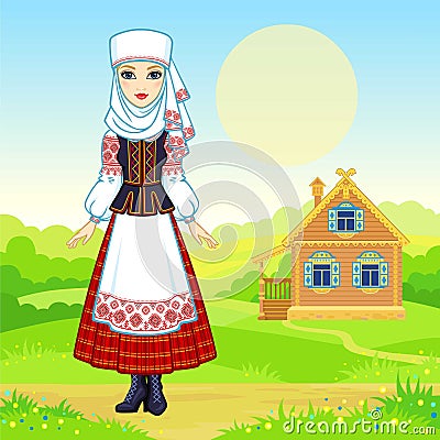 Animation portrait of the young Belarusian girl in traditional clothes. Vector Illustration