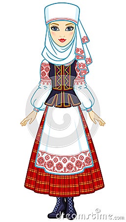 Animation portrait of the young Belarusian girl in traditional clothes. Eastern Europe. Vector Illustration