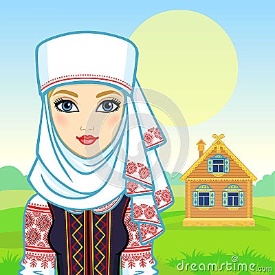 Animation portrait of the young Belarusian girl in traditional clothes. Vector Illustration