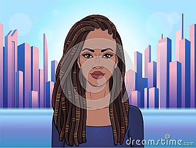 Animation portrait of a young black woman with dreadlocks. Vector Illustration