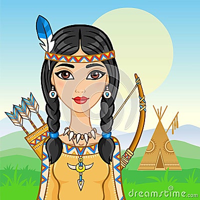 Animation portrait of the young girl in ancient Indian clothes. Vector Illustration
