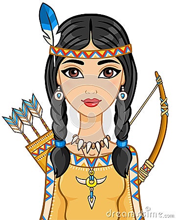 Animation portrait of the young girl in ancient Indian clothes. Vector Illustration