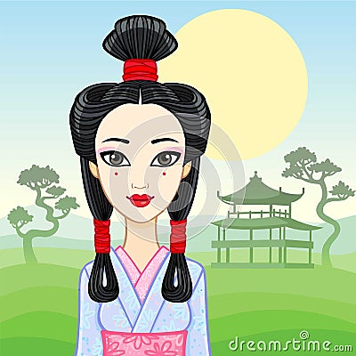 Animation portrait of the young Japanese girl an ancient hairstyle. Geisha, Maiko, Princess. Vector Illustration