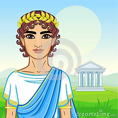 Animation portrait of the young man in traditional clothes of Ancient Greece. Vector Illustration