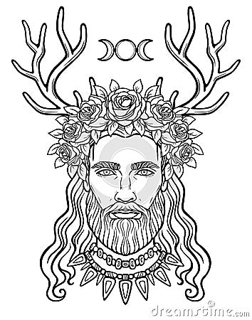 Animation portrait of the young man in a wreath with deer horns. Vector Illustration