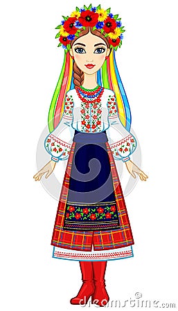 Animation portrait of the young Ukrainian girl in traditional clothes Vector Illustration