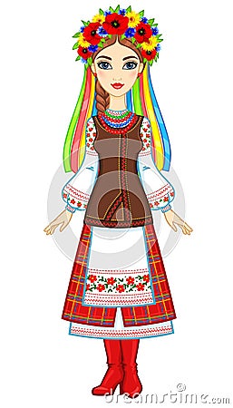 Animation portrait of the young Ukrainian girl in traditional clothes Vector Illustration