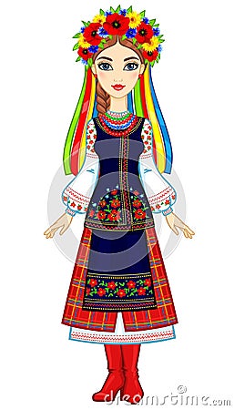 Animation portrait of the young Ukrainian girl in traditional clothes Vector Illustration