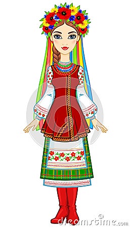 Animation portrait of the young Ukrainian girl in traditional clothes, a wreath and tapes. Full growth Vector Illustration