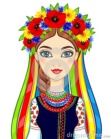 Animation portrait of the young Ukrainian girl in traditional clothes Vector Illustration