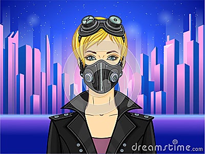 Animation portrait of a young white woman In protective leather mask and steampunk glasses. Vector Illustration