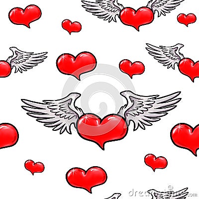 Animation red heart with wings. Seamless pattern. Cartoon Illustration