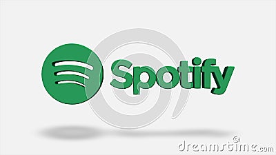 Animation with Spotify service logo. Animation. Inscription with Spotify sign appears on white isolated background Editorial Stock Photo