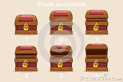 Animation step by step open and closed wooden chest Vector Illustration