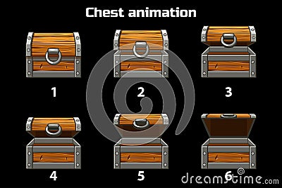 Animation step by step open and closed wooden chest, game assets Vector Illustration